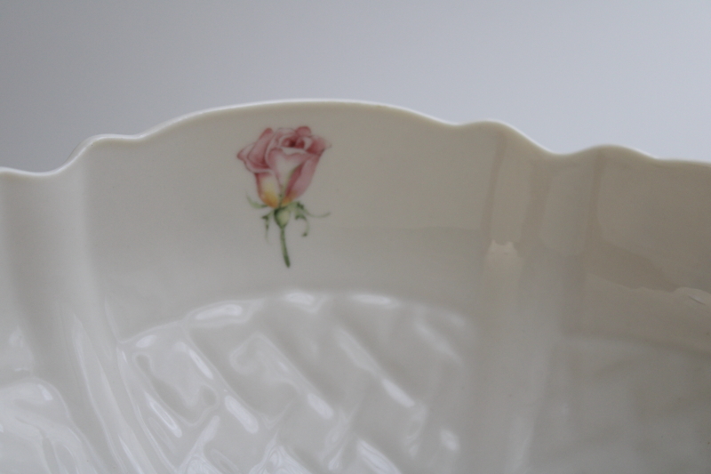 Belleek Ireland china bowl, Cottage Rose pink  yellow floral on embossed lattice pattern