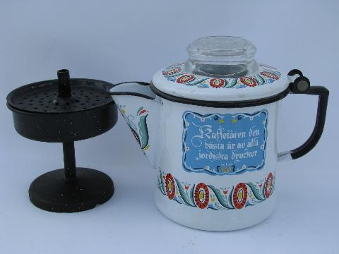 Berggren rosemaled design vintage enamel 2 cup pot w/ coffee motto