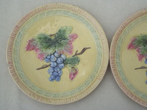 Black Forest art pottery plates, shabby vintage majolica plates w/ grapes