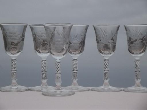 Blossoms Libbey Rock Sharpe cordial glasses, tiny vintage wine goblets 