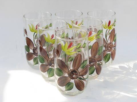 Blue Ridge vintage hand-painted glasses, brown & chartreuse flowers