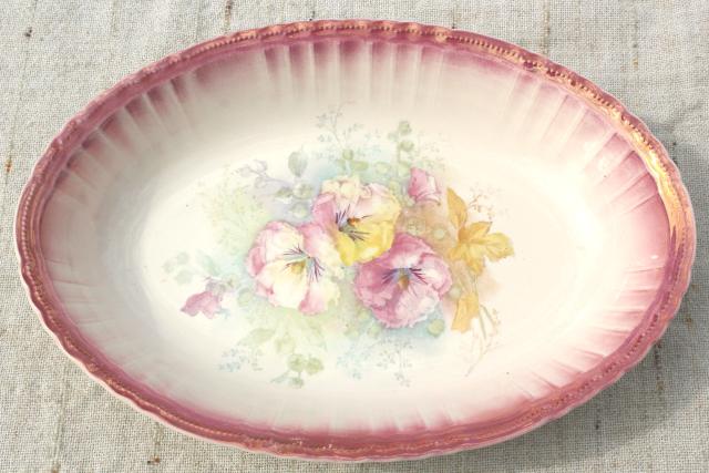 Bonn Germany antique luster iridescent china, large oval bowl w/ pansies