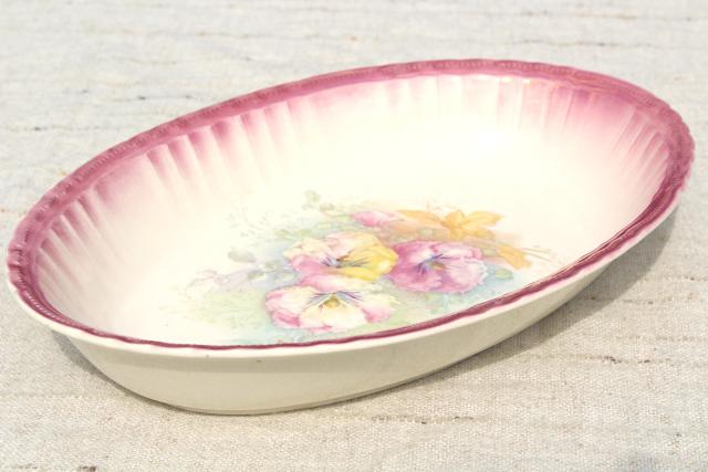Bonn Germany antique luster iridescent china, large oval bowl w/ pansies