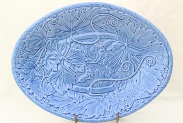Bordallo Pinheiro Portugal pottery, blue glaze embossed vines grape leaves platter