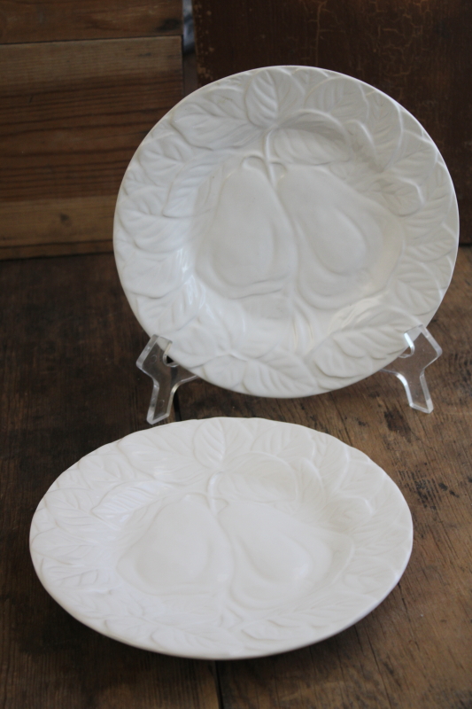 Bordallo Pinheiro all white pottery plates majolica fruit pattern, pears salad plates