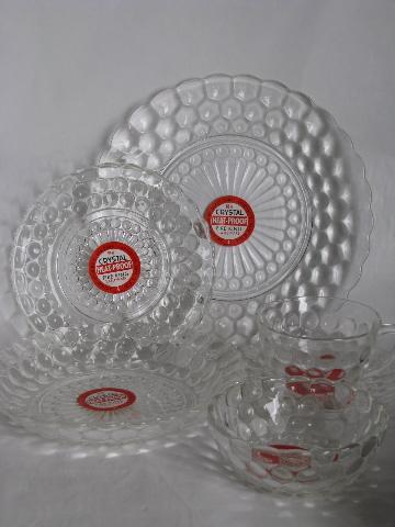 Bubble pattern vintage depression glass set for 8, original Fire-King labels