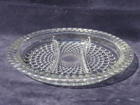 Bubble pattern vintage pressed glass relish dish, divided tray plate
