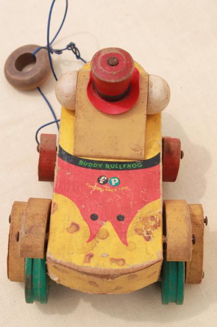 Buddy Bullfrog vintage wood pull toy, 50s 60s early Fisher Price wooden frog