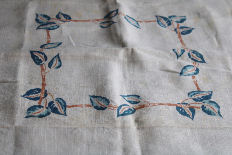 California Hand Prints vintage printed linen tablecloth, pale robins egg blue w/ teal floral