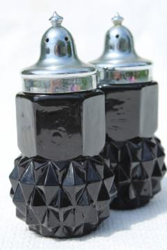 Cameo black glass salt and pepper shakers, vintage diamond point S&P set