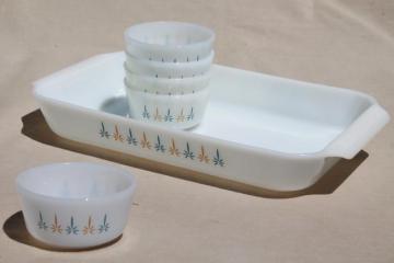 Candle Glow Fire-King milk glass baking pan & custard cups, 1960s vintage