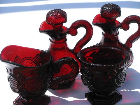 Cape Cod royal ruby red vintage Avon glass, cream pitcher & sugar, cruets set