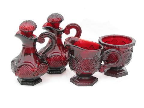 Cape Cod royal ruby red vintage Avon glass, cream pitcher & sugar, cruets set