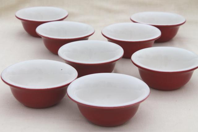Chefsware red & white ironstone bowls, vintage nantucket pink color small baking dishes