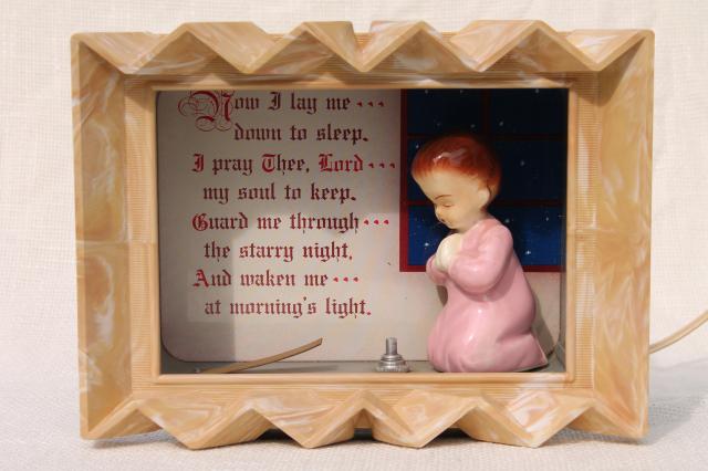 Child's Prayer nursery night light, mid-century vintage lighted shadowbox w/ figurine