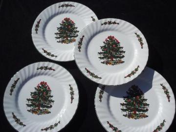 China holiday dinner plates, Christmas Village green and red tree