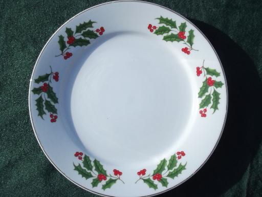 China holiday plates set, red and green Christmas holly border on white