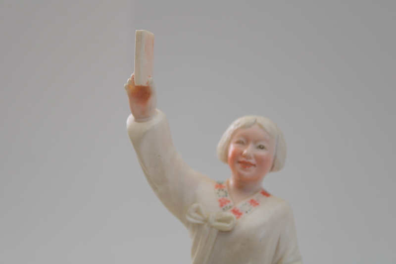 Chinese Cultural Revolution vintage carved bone figure, statue of a girl with book