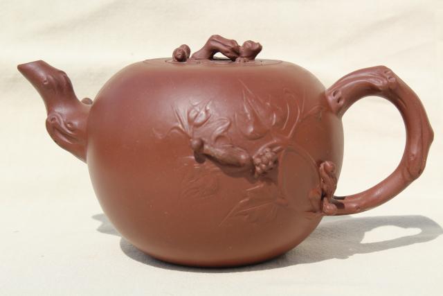 Chinese Yixing clay teapot, vintage pottery tea pot w/ leaf & branch, animal figures