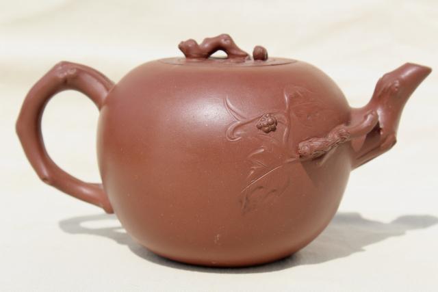 Chinese Yixing clay teapot, vintage pottery tea pot w/ leaf & branch, animal figures