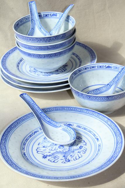 Chinese blue & white rice grain porcelain, vintage bowls, spoons, plates made in China