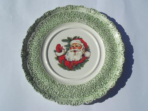 Christmas cake plate w/ Santa waving, vintage handmade ceramic platter