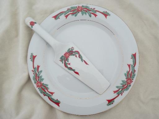 Christmas dishes fine china Poinsettia & Ribbons round cake platter set plate & server
