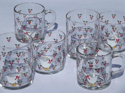 Christmas holly and goose glass mugs, old-fashioned glasses, tall tumblers