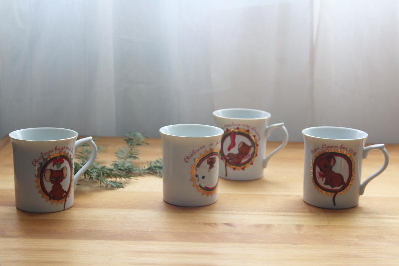 Christmas mice vintage Japan ceramic mugs, George Good big eyed mouse & kitty coffee cups