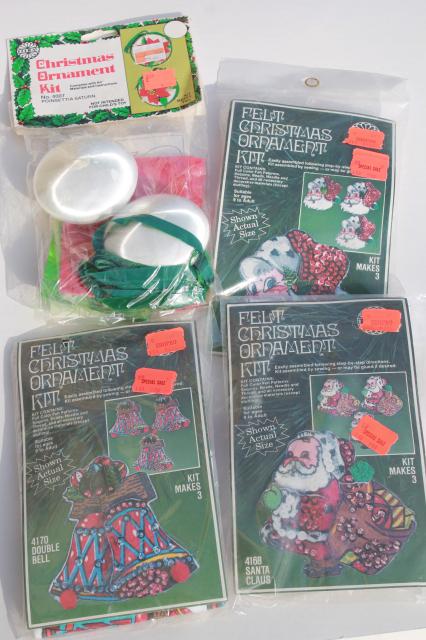 Christmas ornaments kits, sealed packages satin balls, felt shapes w/ beaded sequins