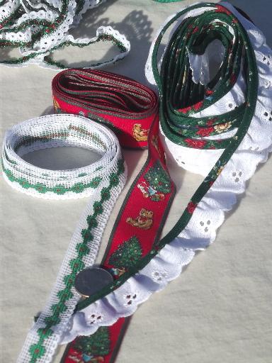 Christmas sewing trim lot, eyelet & plaid ruffle edgings & red & green lace 