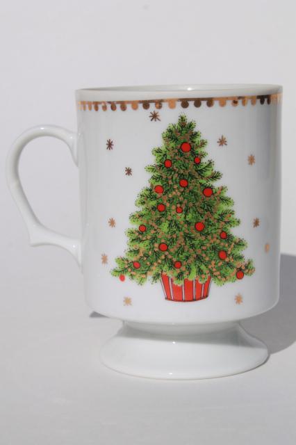 Christmas tree china coffee mugs, cream & sugar set, Lorrie label vintage Japan