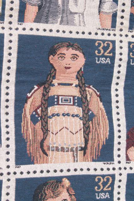 Classic American Dolls USPS postage stamps 90s vintage woven cotton throw blanket