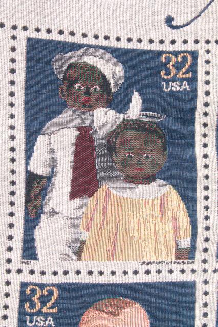 Classic American Dolls USPS postage stamps 90s vintage woven cotton throw blanket