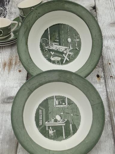 Colonial Homestead green & white transferware, vintage Royal china dishes