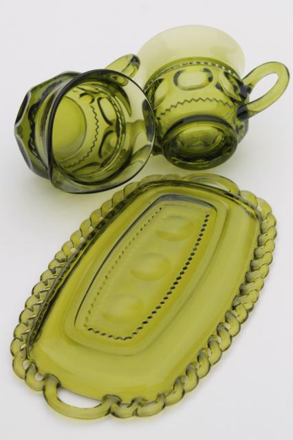 Colony / Indiana green glass Kings Crown thumbprint pattern cream & sugar w/ tray