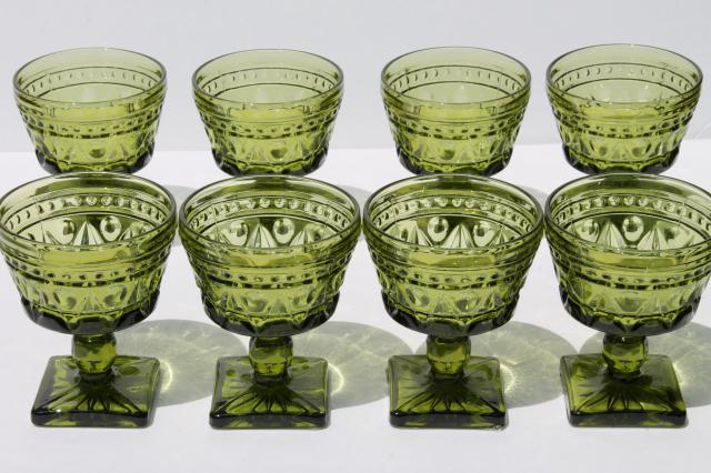 Colony Park Lane vintage avocado green glass sherbet glasses, 70s retro glassware set