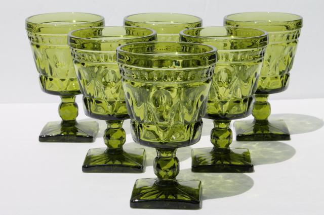 Colony Park Lane vintage avocado green glass water goblets/ wine glasses, 70s retro glassware set