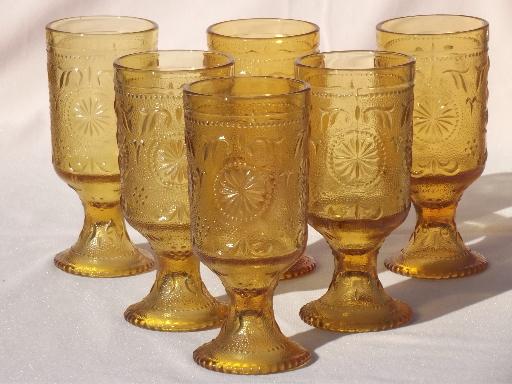 Concord daisy pattern sandwich glass tumblers, vintage amber gold glasses