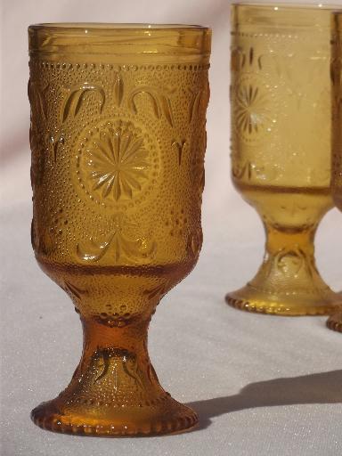 Concord daisy pattern sandwich glass tumblers, vintage amber gold glasses