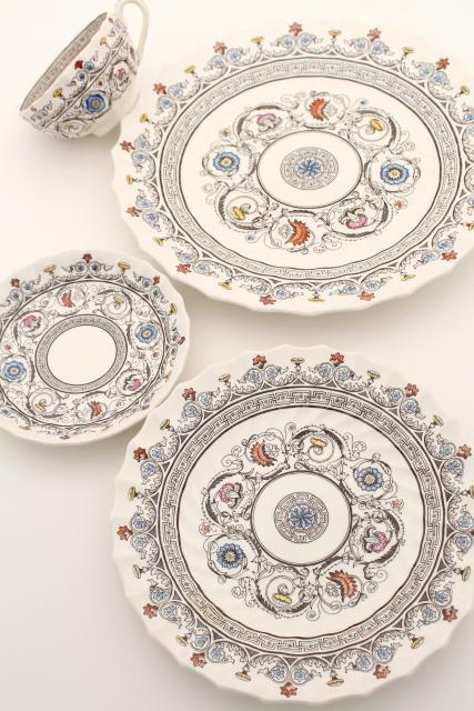 Copeland Spode Florence multicolored transferware china, vintage dinnerware service for 8