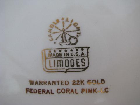 Coral Pink border, vintage American Limoges china dinner plates, set of 6