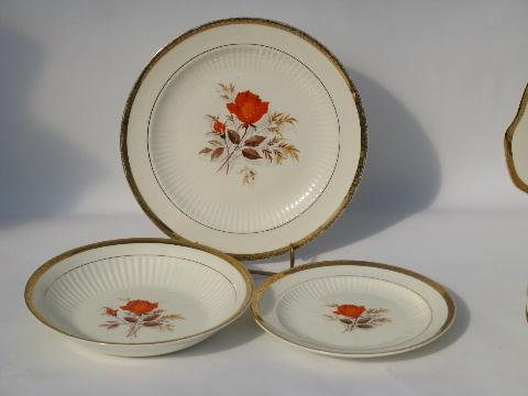 Coral-orange roses vintage china dishes, retro LaMode pottery dinnerware - plates, bowls, platters