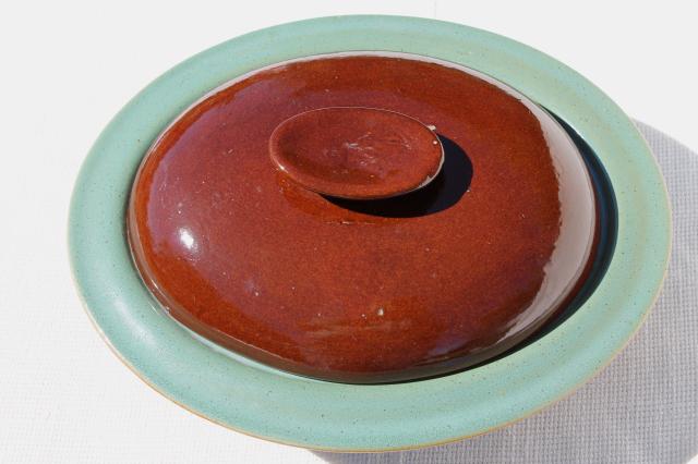 Country Fare or Red Wing Village Green stoneware pottery, dome cover & deep platter