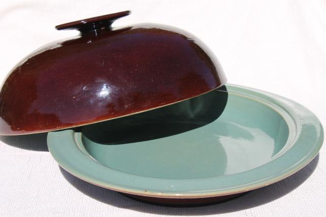 Country Fare or Red Wing Village Green stoneware pottery, large dome cover & deep platter