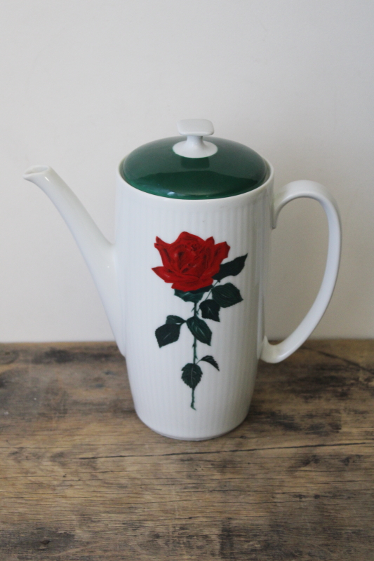 Creidlitz Bavaria mid century mod vintage coffee pot w/ single long stemmed red rose
