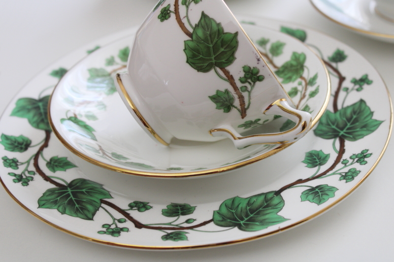 Crown Staffordshire bone china, green vine ivy pattern vintage tea cups  saucers w/ plates
