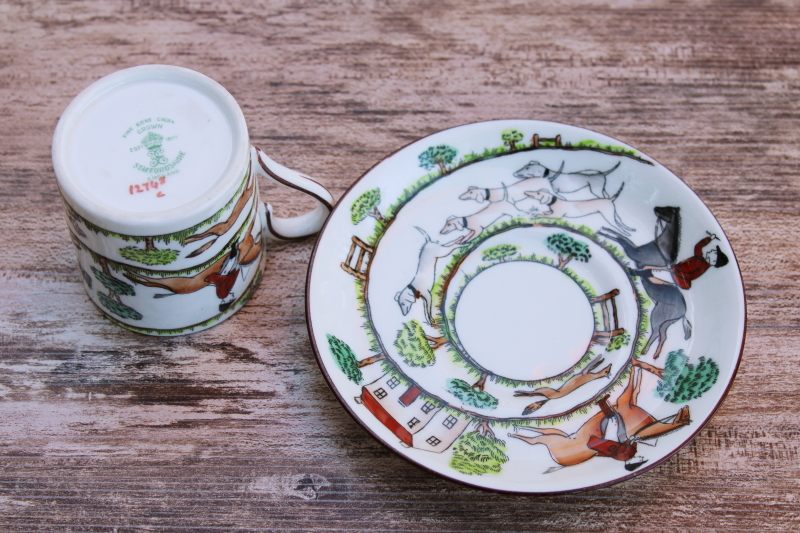 Crown Staffordshire hunting scene riders fox and hounds vintage bone china demitasse cup and saucer