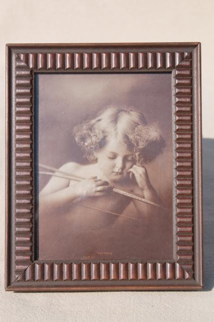 Cupid asleep antique sepia photo print in original wood frame, nude angel baby cherub