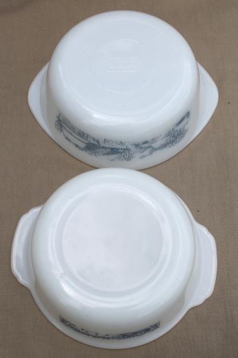 Currier & Ives print kitchen glass, vintage blue & white ovenware casseroles